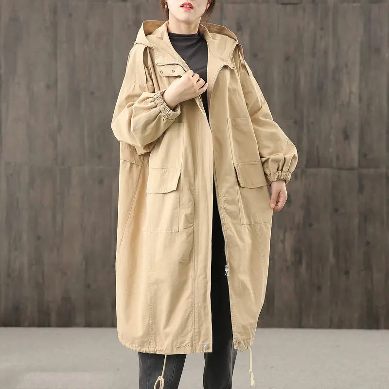 

Hooded Workwear Windbreaker Women 2020 Autumn New Korean Style Loose BF Mid-length Coat Long Trench Femme Casual Outwear y163