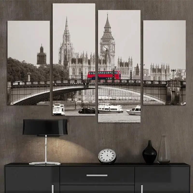 

WALL Art Canvas Posters 4 Panel Retro London Big Ben Red Bus Wall For Living Room Home Decor Painting Modular Pictures Unframe