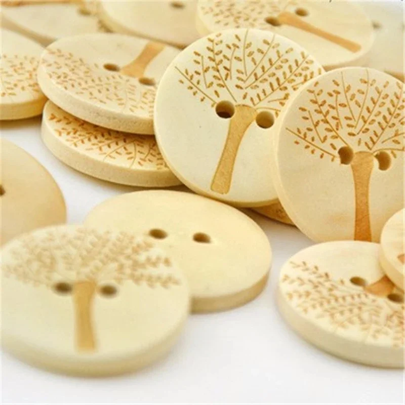 

50Pcs/Lot Hot Sale Natural Tree Pattern Round 2 Holes Wooden Buttons For Scrapbooking Sewing Accessories Crafts