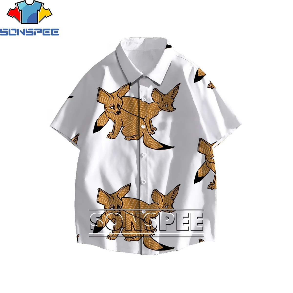 

SONSPEE Cute Cartoon Fox Splicing Style 3D Print Men's Shirt Summer Otaku Street Hawaiian Beach Casual Buttons Oversize Top