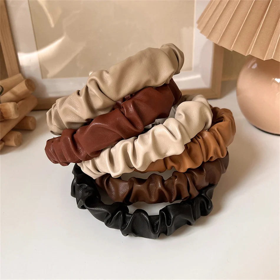 

Fashion Folds Solid Color Hair Bands For Women PU Leather Headbands Ornament Hair Hoop Accessories Headwear Wholesale Hairband