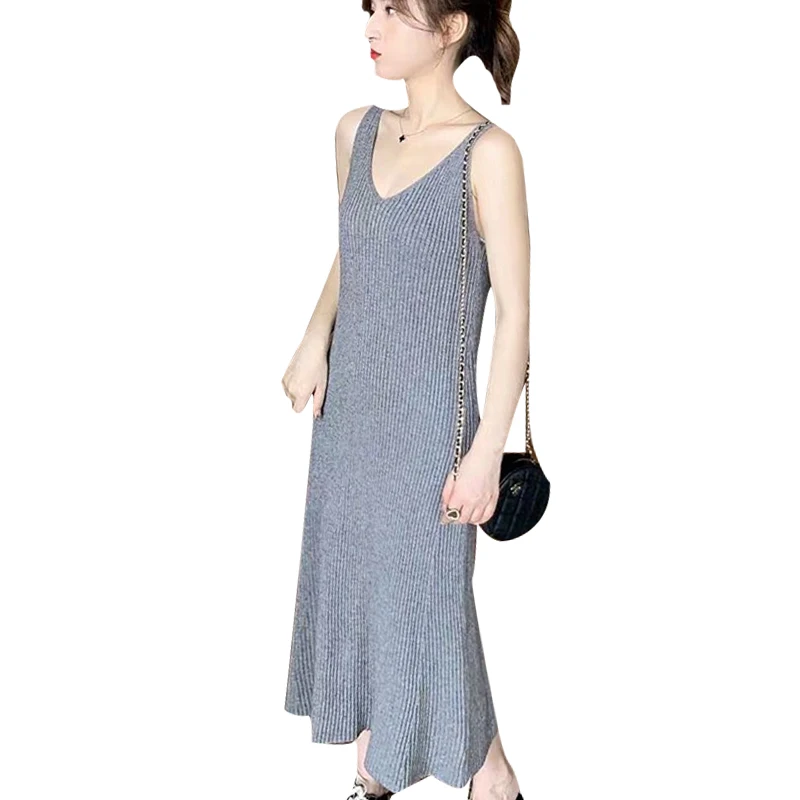 Women's Spring Summer Style Slim Dress knitted Sleeveless V-Neck Casual A-Line SS1206 | Женская одежда