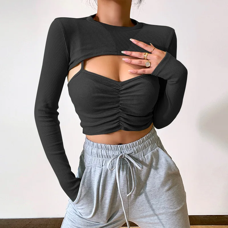 

Helisopus Осень Зима Эластичный плиссированный слинг с длинными рукавами шаль костюм из двух частей Новый однотонный полый женский Повседневны...