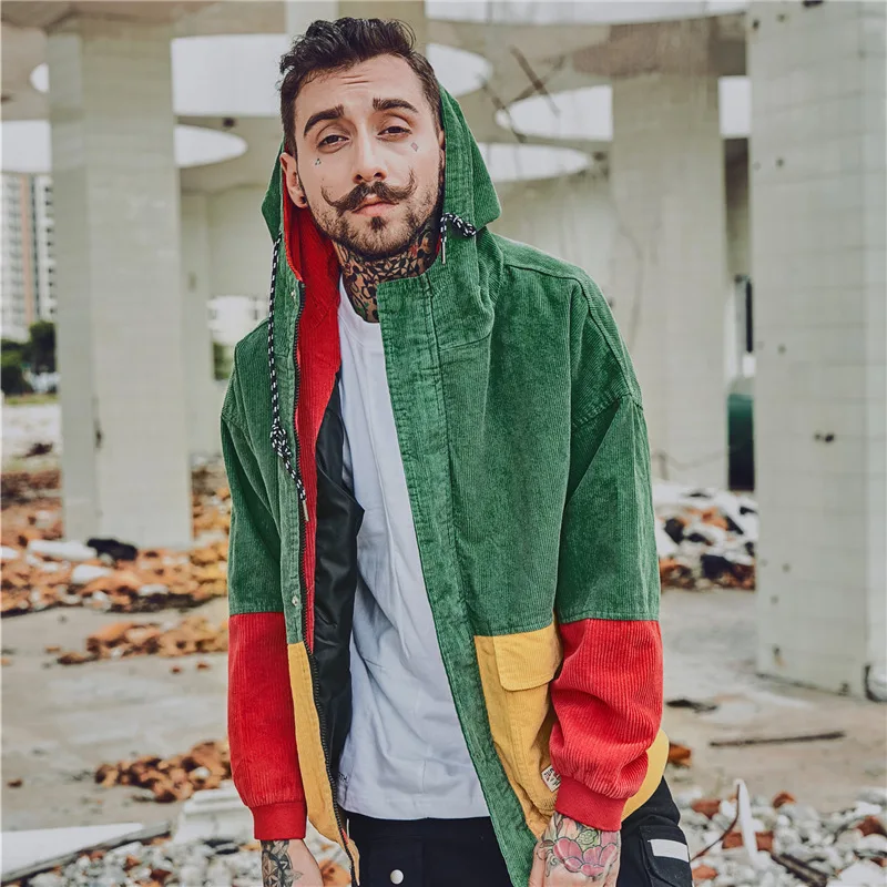 

Color Block Patchwork Corduroy Hooded Fashion Jackets Men Hip Hop Hoodies Top Comfortable Coats Male Casual Streetwear Outerwear