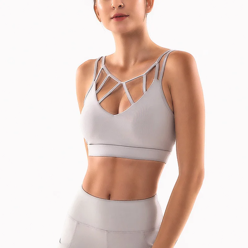 

New Double Shoulder Straps Sport Bra Female Fitness Breathable Shockproof Gym Crop Tops Push Up Padded Brassiere Sportswear 2021