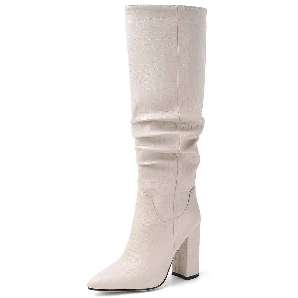 

DoraTasia Big Size 34-43 Female Thick High Heels Knee High Boots Pointed Toe Pleated Boots Women Party Ol Concise Shoes Woman