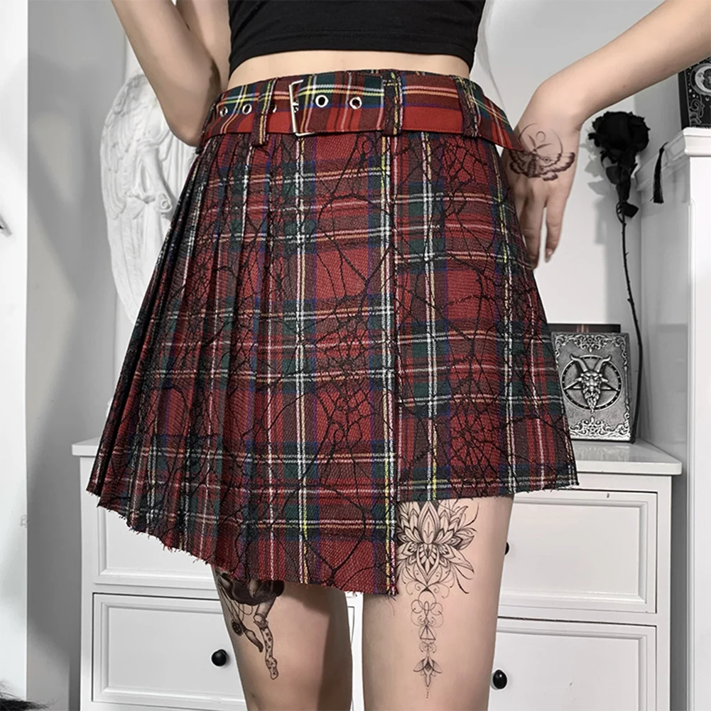 

Женская мини-юбка с поясом, Готическая Асимметричная юбка с завышенной талией и клетчатым принтом Cobweb