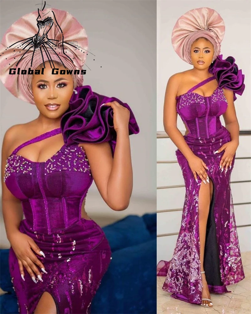 

Aso Ebi African One Shoulder Evening Dresses Beaded Ruffles Mermaid High Slit Party Gowns Formal Dress 2023 Robe De Soiree