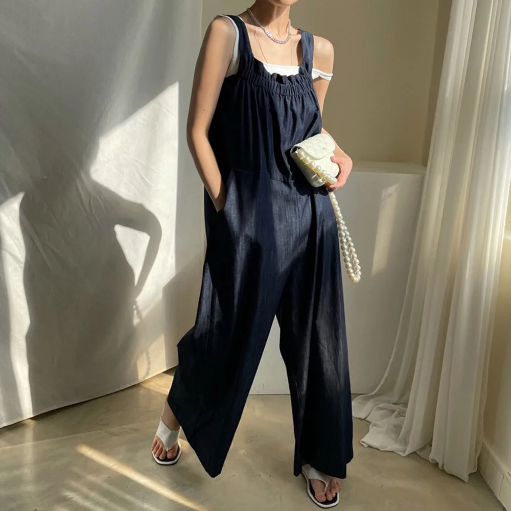 

One Piece Jumpsuit Women Vintage Korean Fashion Solid Color Casual Wide Legs 2021 Summer Pocket Sleeveless Japanese Jumpsuit