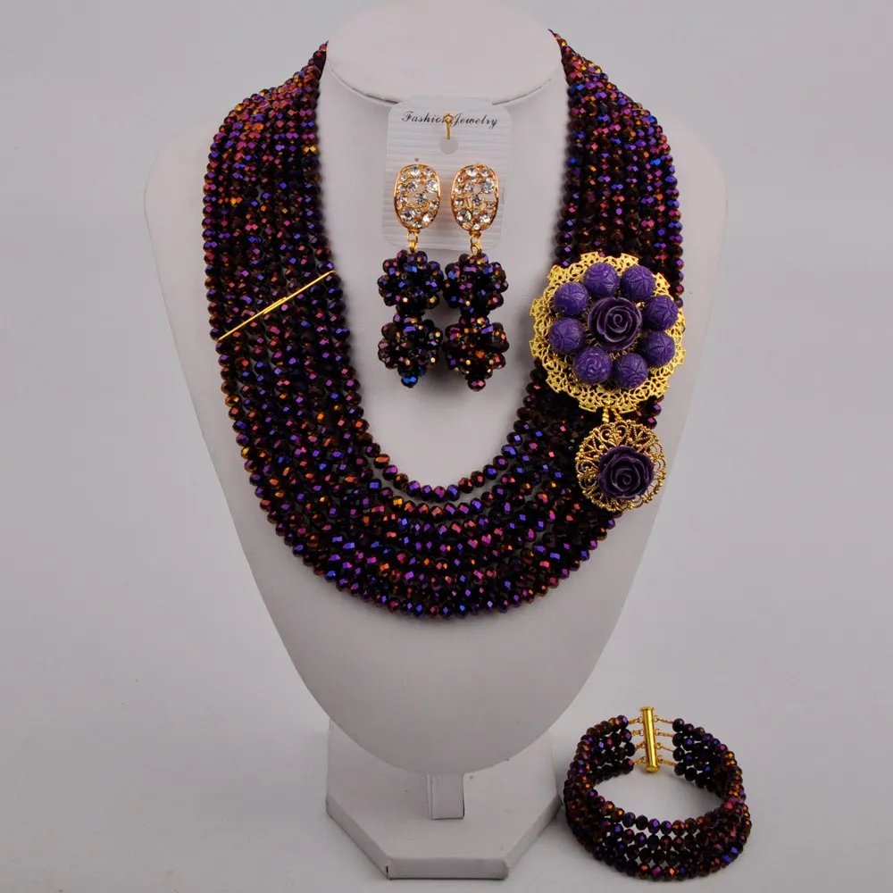 

Фиолетовое ожерелье с африканскими бусинами комплект ювелирных изделий нигерийский Свадебный Кристалл Свадебный набор