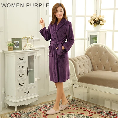 Women Purple Распродажа, Женское и мужское шелковое Фланелевое длинное кимоно, халат, зимний теплый банный халат, женский халат, халаты для невесты, свадебные халаты - Цвет: Women Purple