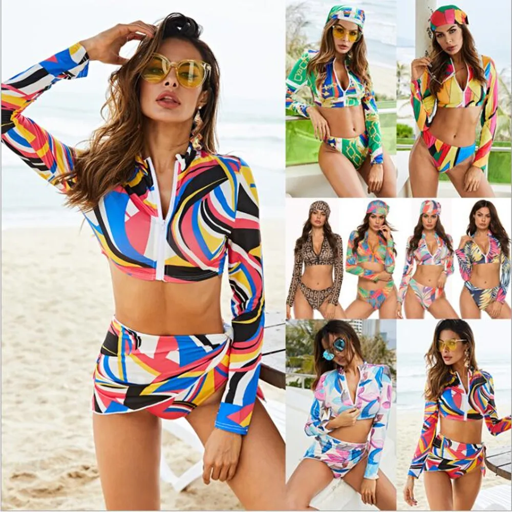 Женский купальник с принтом размера плюс длинным рукавом из трех частей