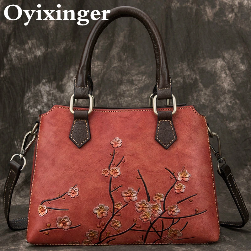 

OYIXINGER Women Bag Retro Genuine Leather Top-handle Bags Female Handmade Embossed Shoulder Bags Vintage China Style Bag Ladies