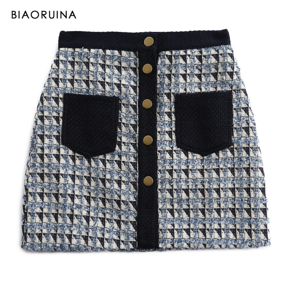BIAORUINA Для женщин Винтаж твид Однобортный трапециевидной формы мини юбка Офисные