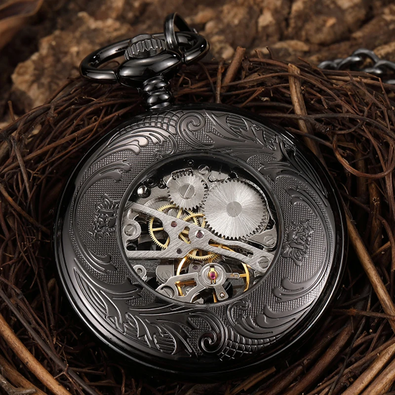 Deer Mechanical Pocket Watch Skeleton Vintage Antique Full Black Case Hollow Animal Engraved Male Fob Chain Clock for Men Women