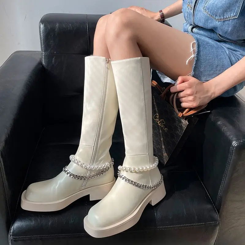 

2021 Hot Sale Motorcycles Boots Women Genuine Leather Shoes Pearl Chain Fashion Cool Casual Shoes Women Knee High Boots