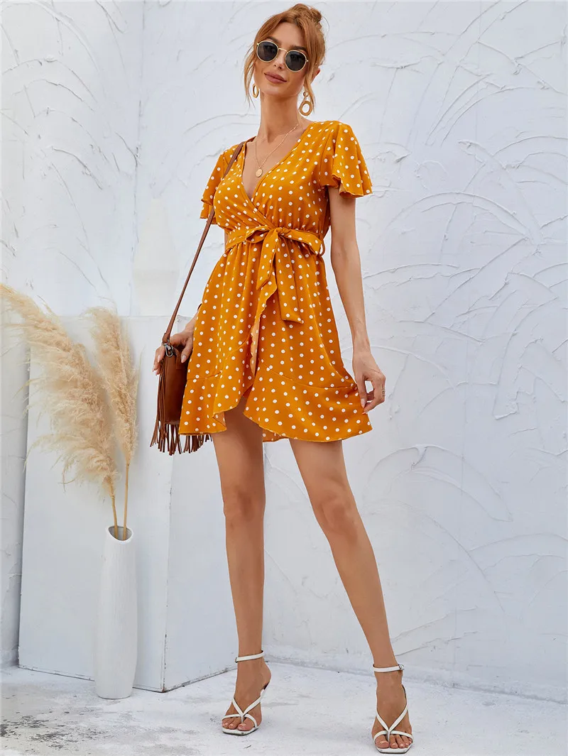 

Elegant Women Summer Polka Dot Print A-Line Dress Irregular Design Bandage Decor V-Neck Short Sleeve High Waist Slim Mini Dress