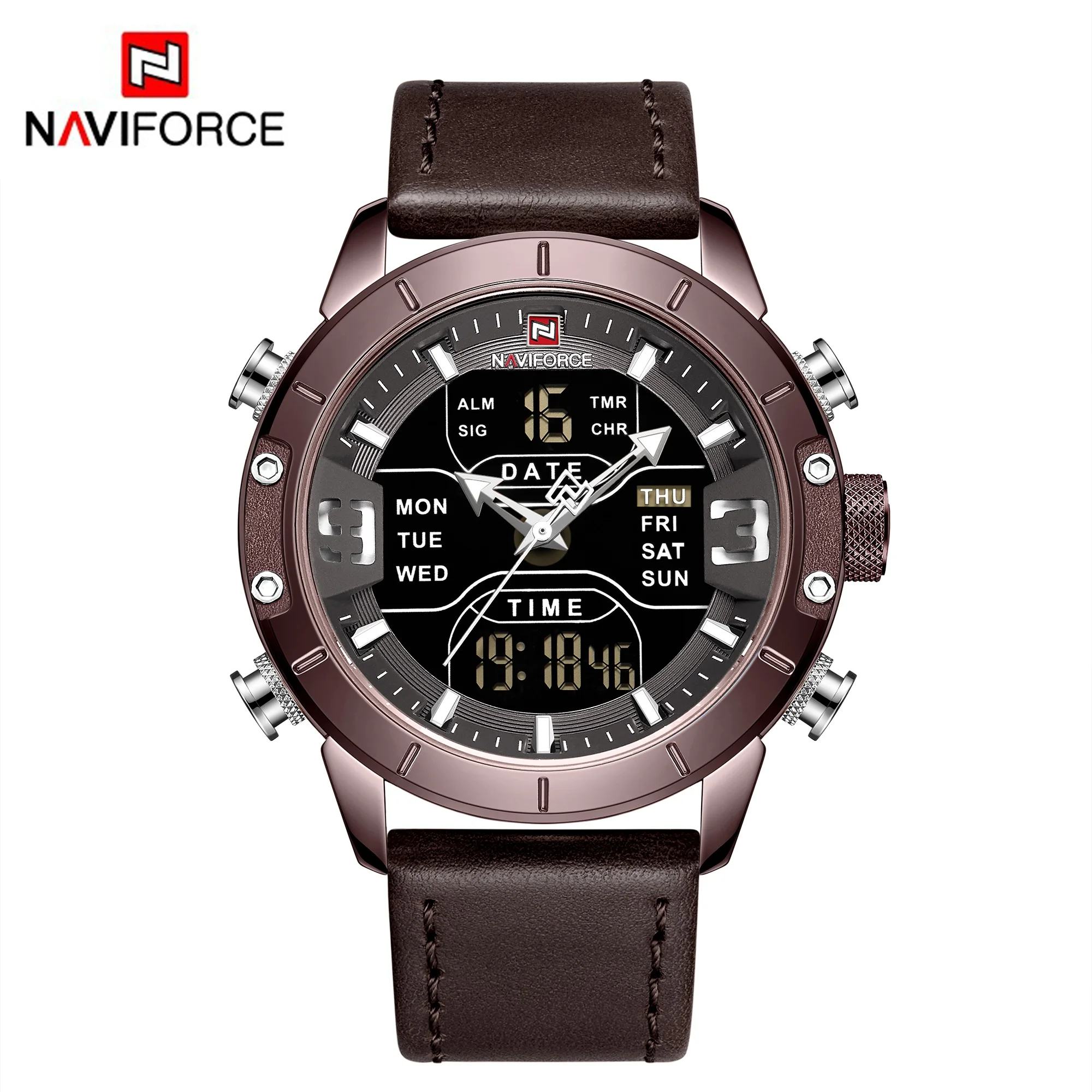 NAVIFORCE, военные спортивные светодиодный цифровые часы, мужские водонепроницаемые кварцевые аналоговые часы, ремешок из натуральной кожи, модные наручные часы - Цвет: COFFEE