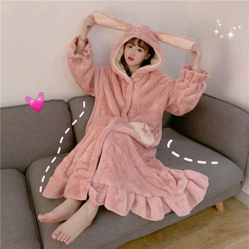 SOUGEN Women's Home Clothes Flannel Sleepwear Rabbit Ears Hooded Lounge Ruffle Hem Women Nightgown Pink Pajamas Winter Thick | Женская