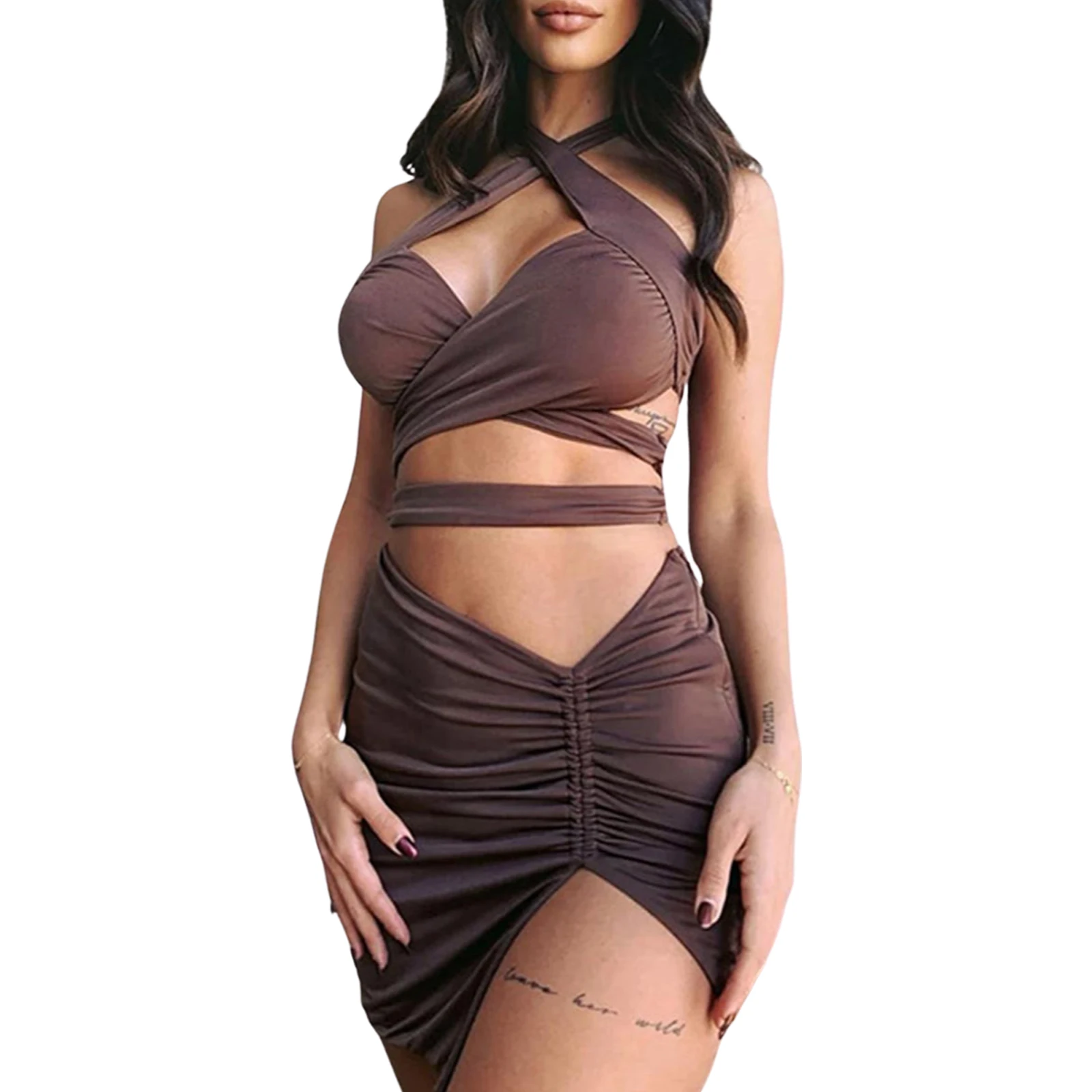

Women\u2019s Sexy Vest and Skirt Suit Fashion Solid Color Halter Tops and Split Tight Short Skirt