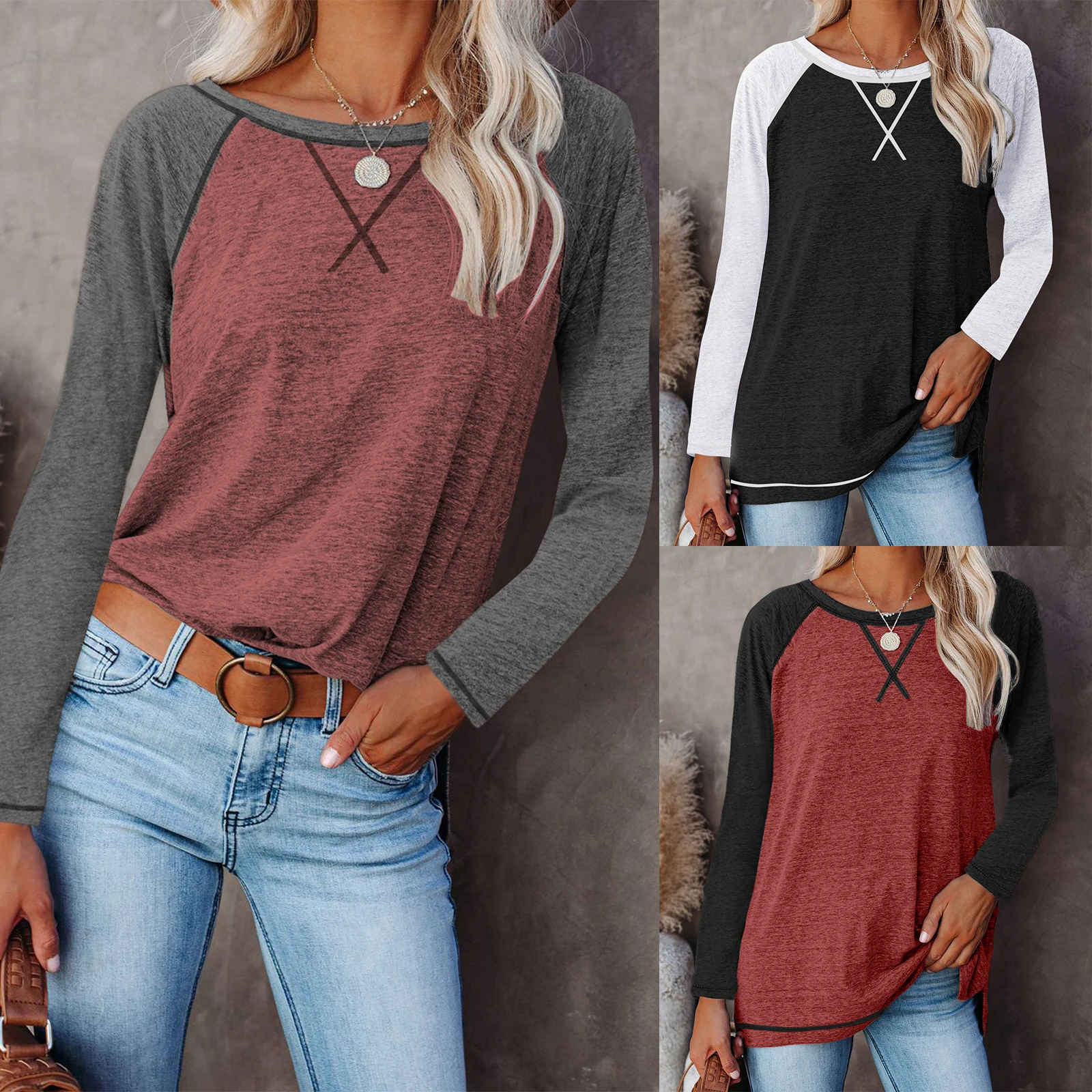 

Джемпер женский хлопковый с круглым вырезом и длинными рукавами, 3 цвета