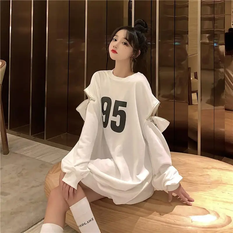 

Spring and Autumn 2020 new loose mid-length blouse hollow zipper white long-sleeved sweatshirt women Loose printing pullover