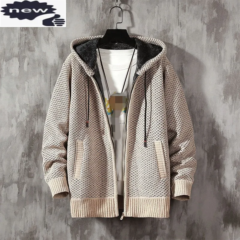 Winter New Men Thicken Cashmere Hooded Warm Coat High Street Fashion Casual Outerwear Korean Style Cotton Knitting Jackets