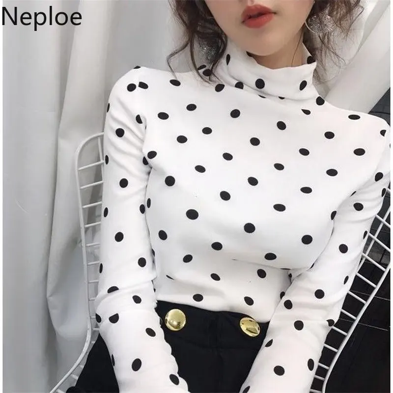 Neploe/Корейская водолазка, плотная Студенческая футболка в горошек, облегающие футболки с принтом «Дикая подошва», женские простые тонкие осенние женские топы, 46091
