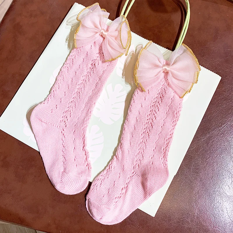 Calcetines antideslizantes de princesa para ni&ntilde;as, medias hasta la rodilla con lazo, para primavera y verano, 6 pares-4