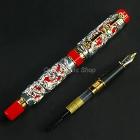 jinhao practical dragon phoenix fountain pen metal carving embossing heavy pen silver red for professional fountain pen
