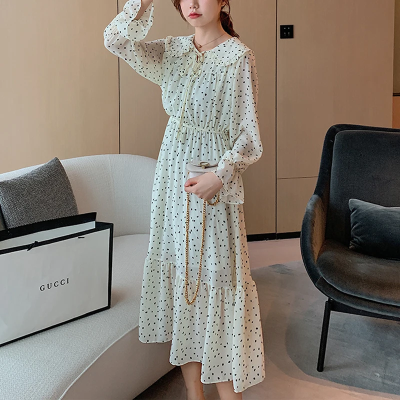 BGTEEVER винтажное на шнуровке в горошек женское платье с расклешенными рукавами