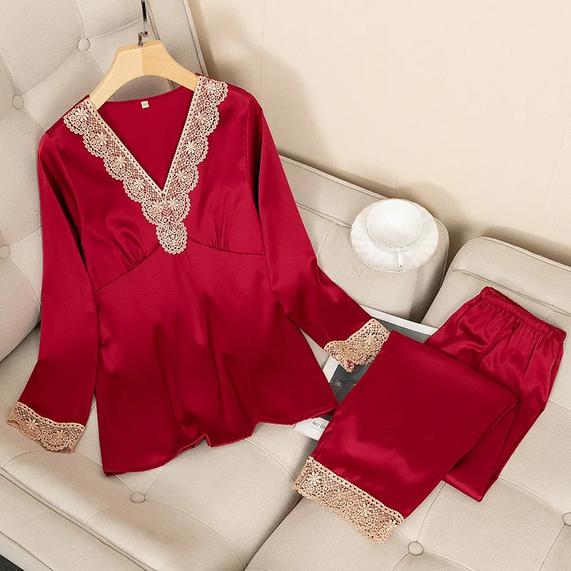 

Women 2 Piece pjs sets Casual Lace Sleepwear Nightwear Pyjamas Pajamas Set Satin Long Sleeve Shirt&Pants Silky Intimate Lingerie
