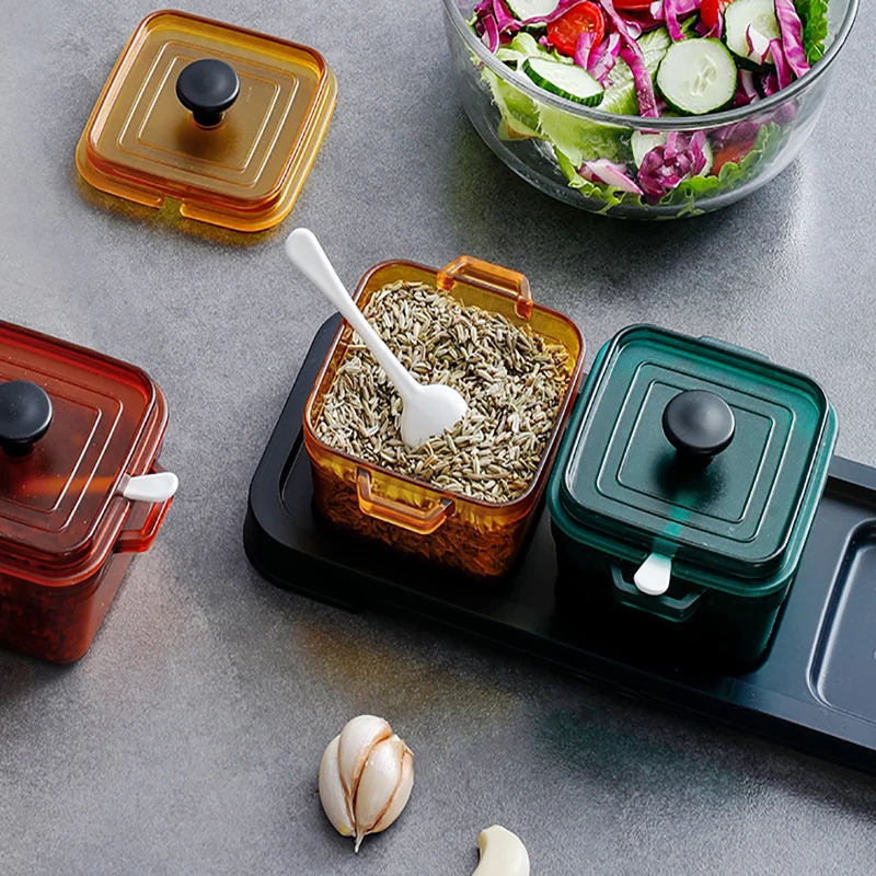 

Solid Color Seasoning Box Plastic Seasoning Box with Lid And Spoons Set Light Luxury Seasoning Storage Box Kitchen SuppliesLD630