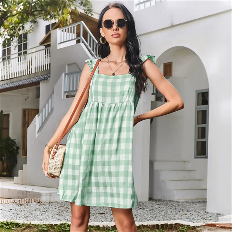 

Blue Summer Women Dress 2021 Square Neck Sleeveless Mini Loose Beach Sundress Backless Sexy Casual Party Dresses Vestidos Y2k