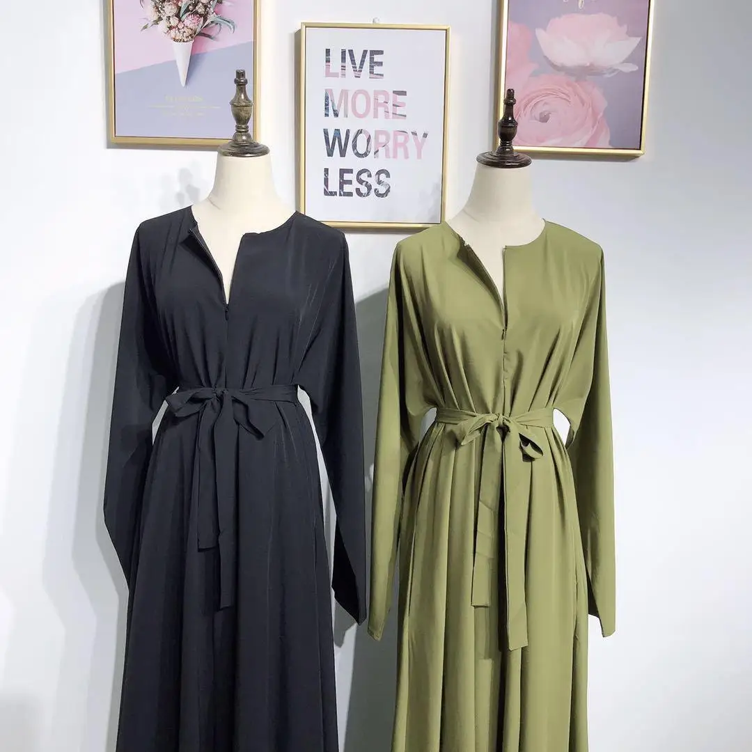 

Fashion Muslim Simple Dress Women Abaya Solid Long Sleeve Kaftan Maxi Dresses With Belt O-neck Front Zipper Arab Dress 2019 New