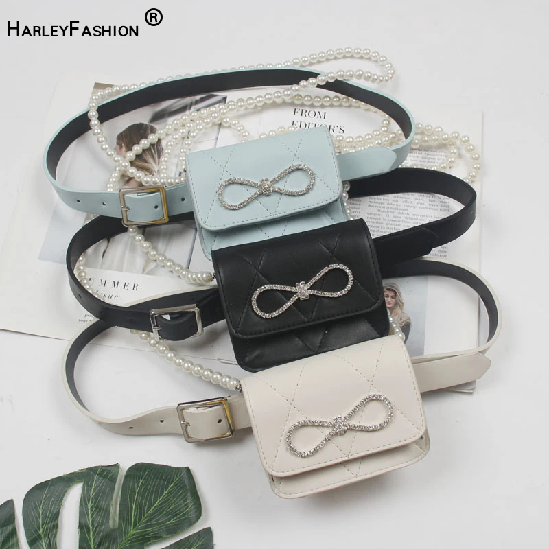 

HarleyFashion 2021 Fashion Accessories Solid Color Black/White/Light PU Leather Pearl Chain Blue Waist Belt with Bag