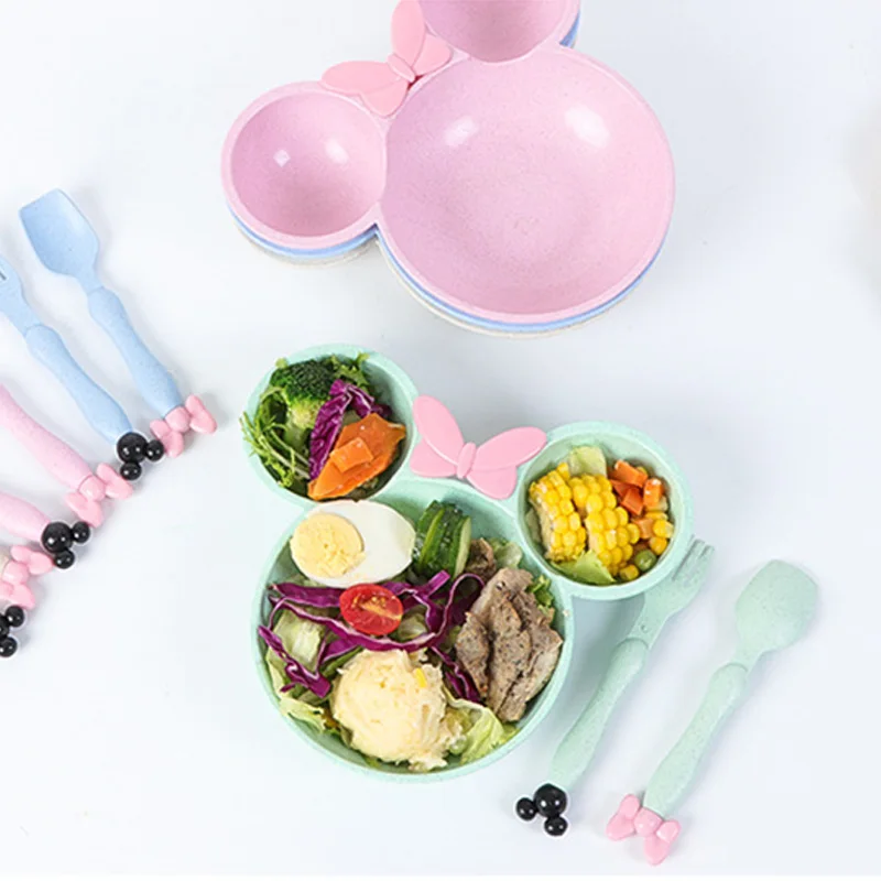 

3pcs cute baby tableware wheat straw children's Mickey dinner plate environmentally friendly children's training tableware set