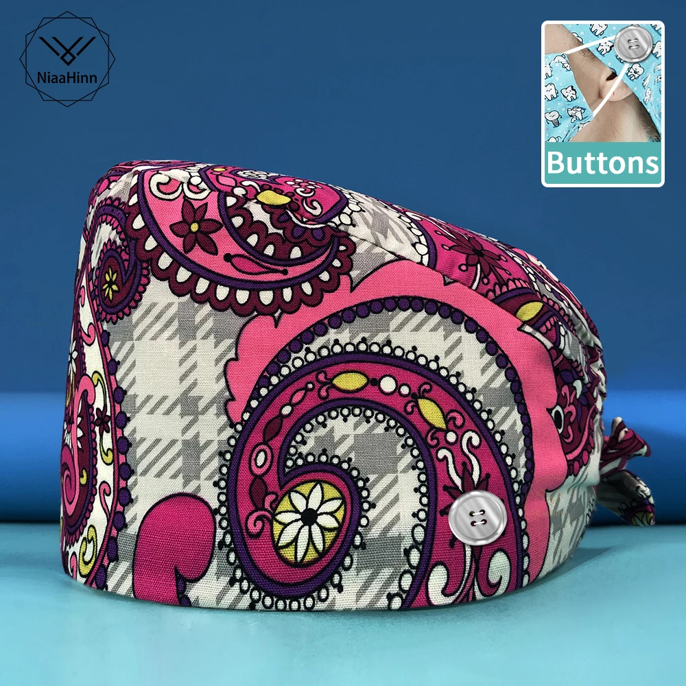 

Breathable Scrub pet shop Unisex work cap dust cap beauty cap scrub adjustable new Baotou cap nursing cap print wholesale Cotton