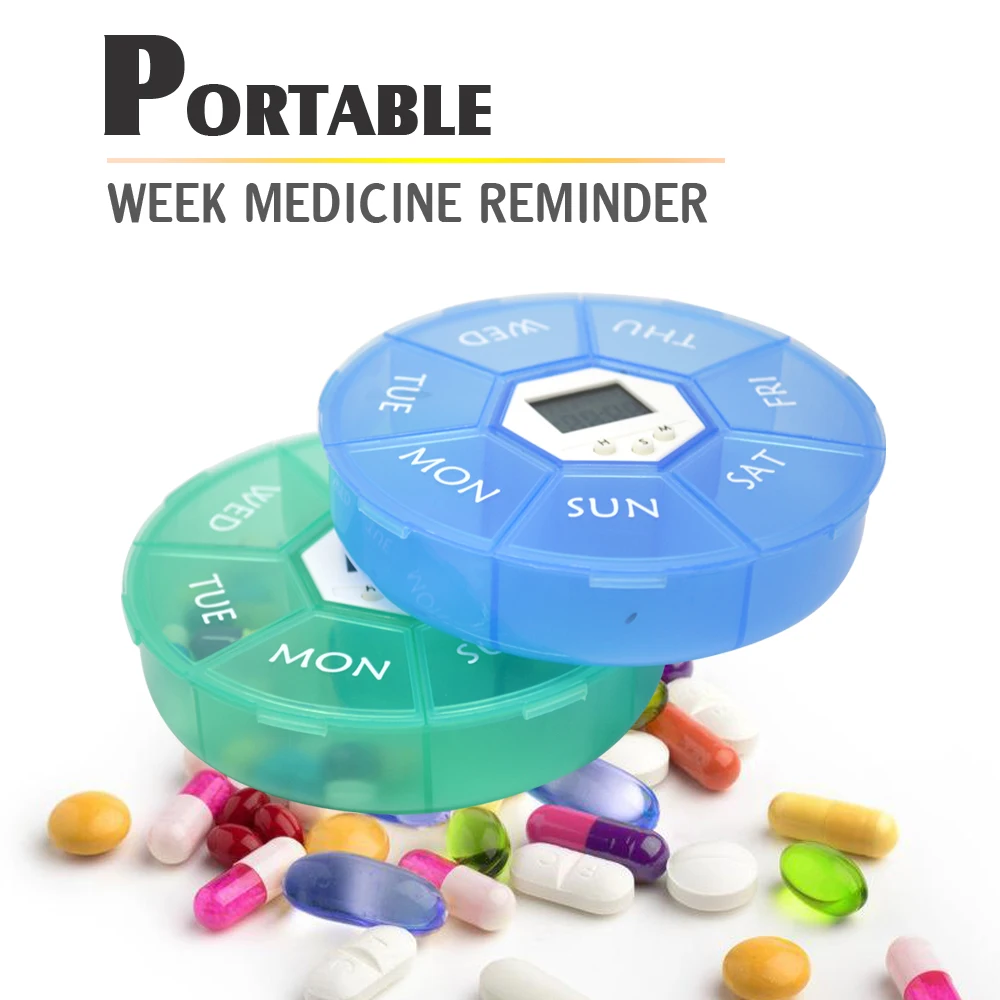 GREENWON 7 ячеек, коробка для таблеток, электрический таймер с напоминанием, еженедельный круглый органайзер, чехол для лекарств от AliExpress WW