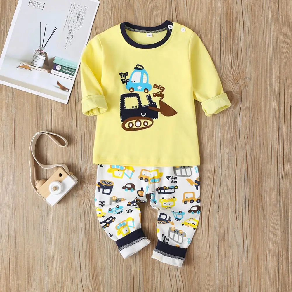 

Autumn Spring Baby Boys Girls Long Sleeve Pullover Sweatshirt+Pants Sleepwear Sweatsuit Pajamas Set Cartoon Truck PJ Loungewear