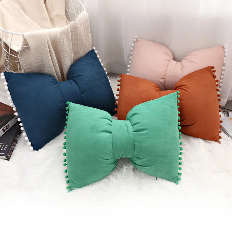 

Cushion Pillowcase Cute Bow Suede Pillow With Core PP Cotton Filling Throw Pillow Solid Color Sofa Cushions With Ball Home Decor