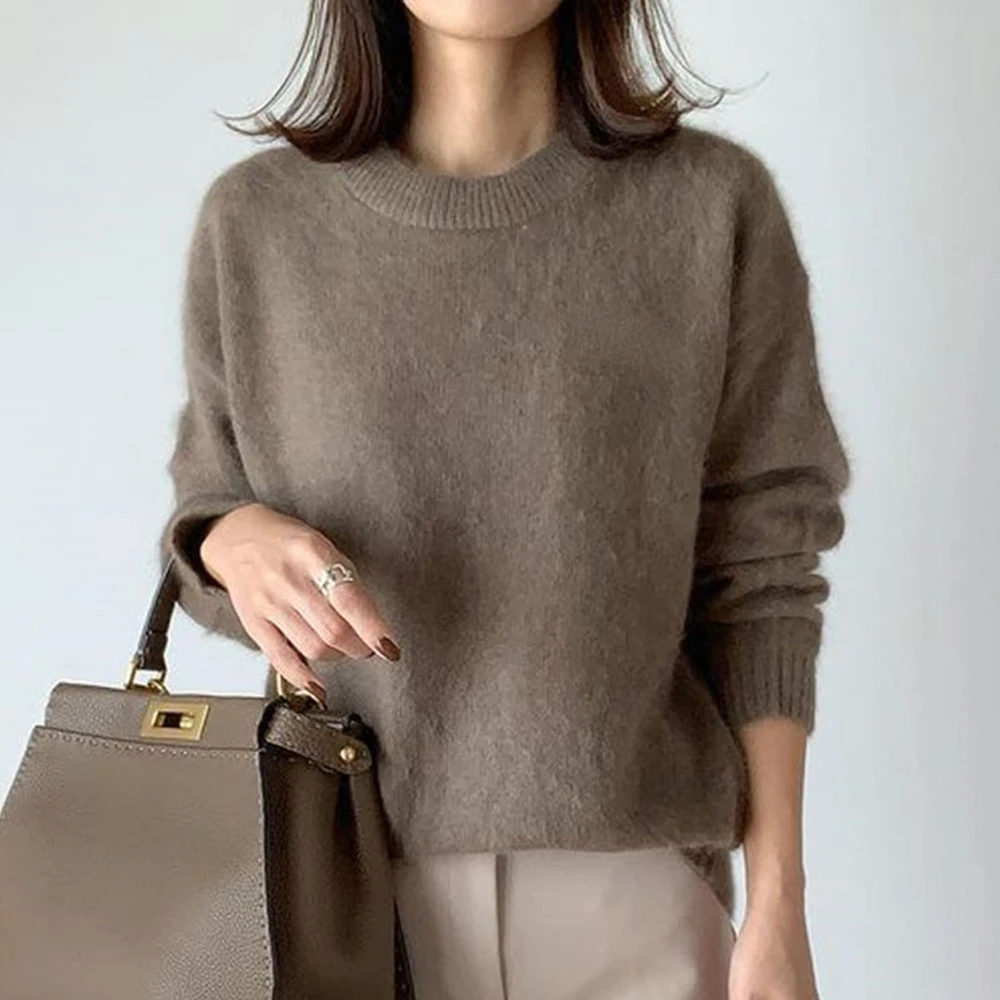 

Autumn Winter Women's Sweater Round Neck Plain Slim Pullover Tops Casual Simple Lady Knitwear Korea Fashion Thick Female Jumpers