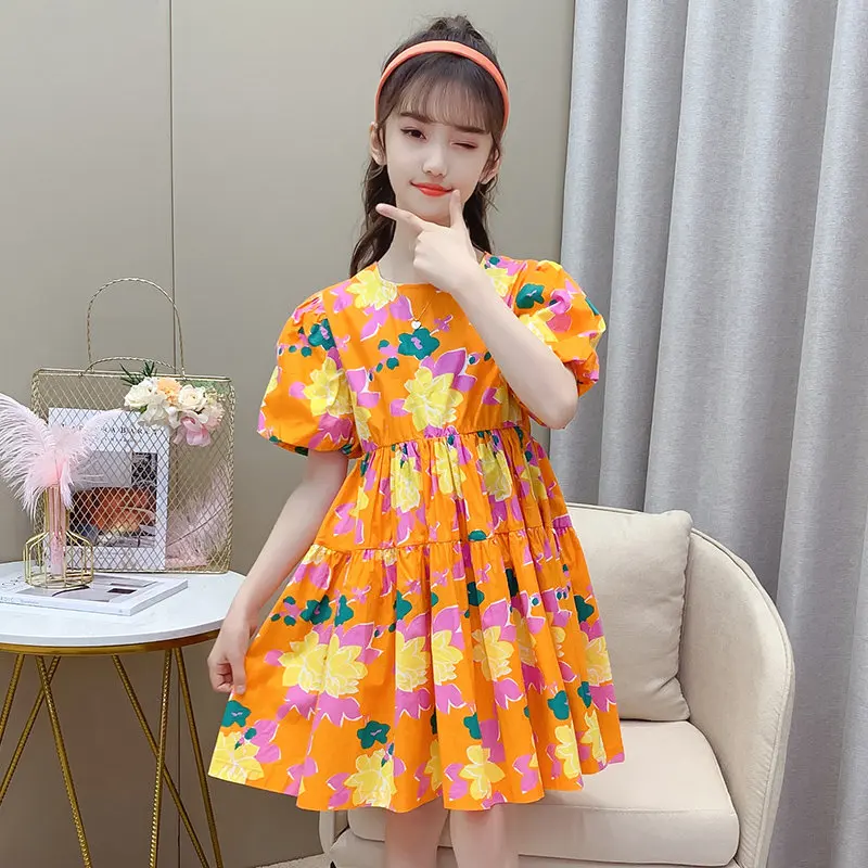 

Teen Girls Fashion Print Dress New Arrivals Summer Orange Floral Pattern Costume Lantern Sleeve Cotton Clothes For Kids 4-13Yrs