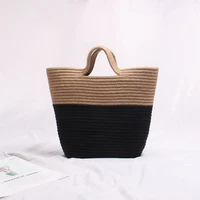 2021 new euro hand woven bag blackkhaki panelled casual portable straw bag seaside vacation beach bag female top handle bag