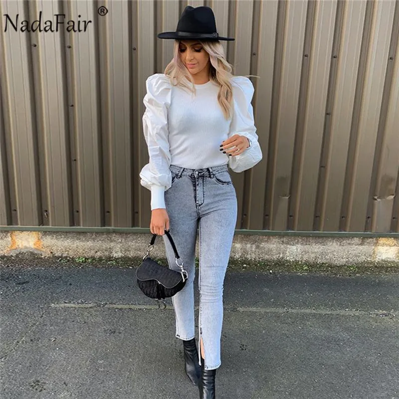 Nadafair/топы с пышными рукавами и круглым вырезом Повседневная трикотажная женская