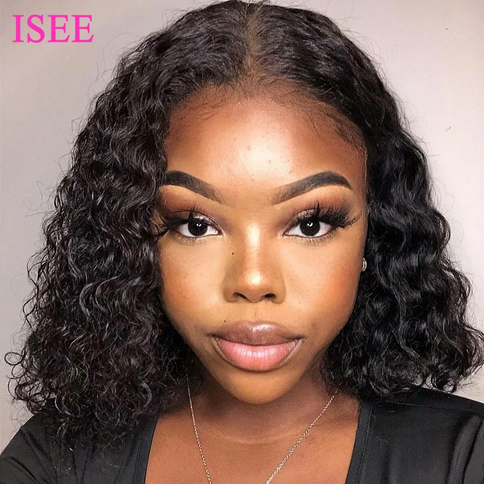

ISEEHAIR Peruvian Deep Wave 4X4 Lace Closure Bob Wig For Women Human Hair Wigs Deep Curly Lace Front Wigs