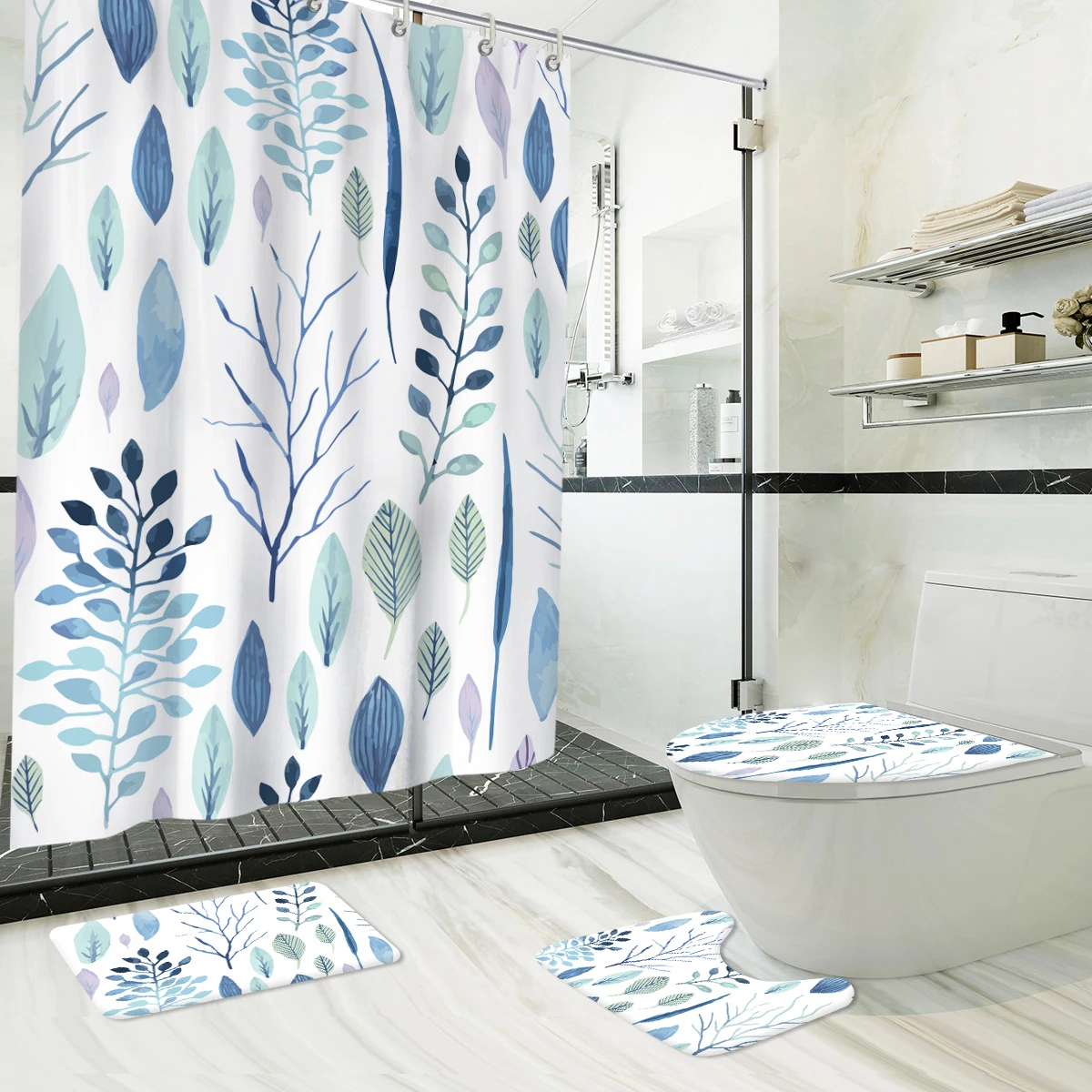 Blue Floral Printed Long Shower Curtain Liner Bathroom Mat Set Toilet Cover Non-Slip Bath Rug Waterproof Duschvorhang With Hooks