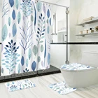 Синяя длинная душевая занавеска с цветочным принтом, набор ковриков для ванной комнаты, нескользящий коврик для туалета, водонепроницаемый душевой коврик с крючками