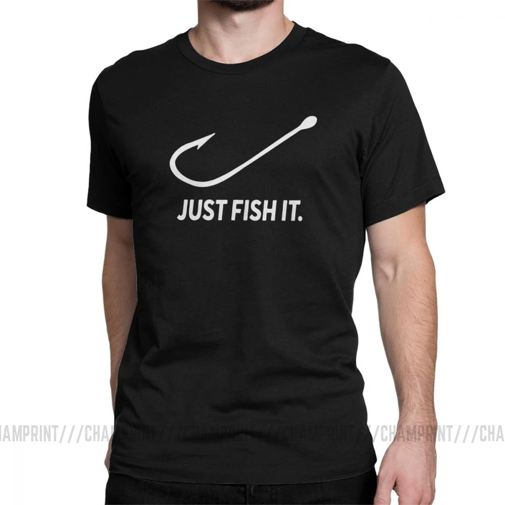 Fishing Just Fish It Fun, Мужская футболка, Фишер, мужские топы с коротким рукавом, новые футболки, хлопок, футболка с вырезом лодочкой - Цвет: Черный