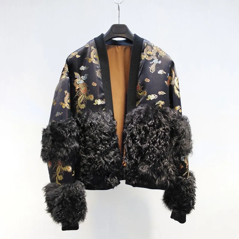 New Chinese Style Embroidery Printing Natural Sheep Shearing Real Lamb Fur Coats Women 2020 Fashion Autumn Winter Jackets Female | Женская